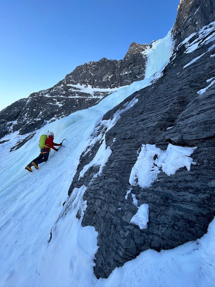 Balin Miller soloing on Slipstream, Snowdome, Canadian Rockies.