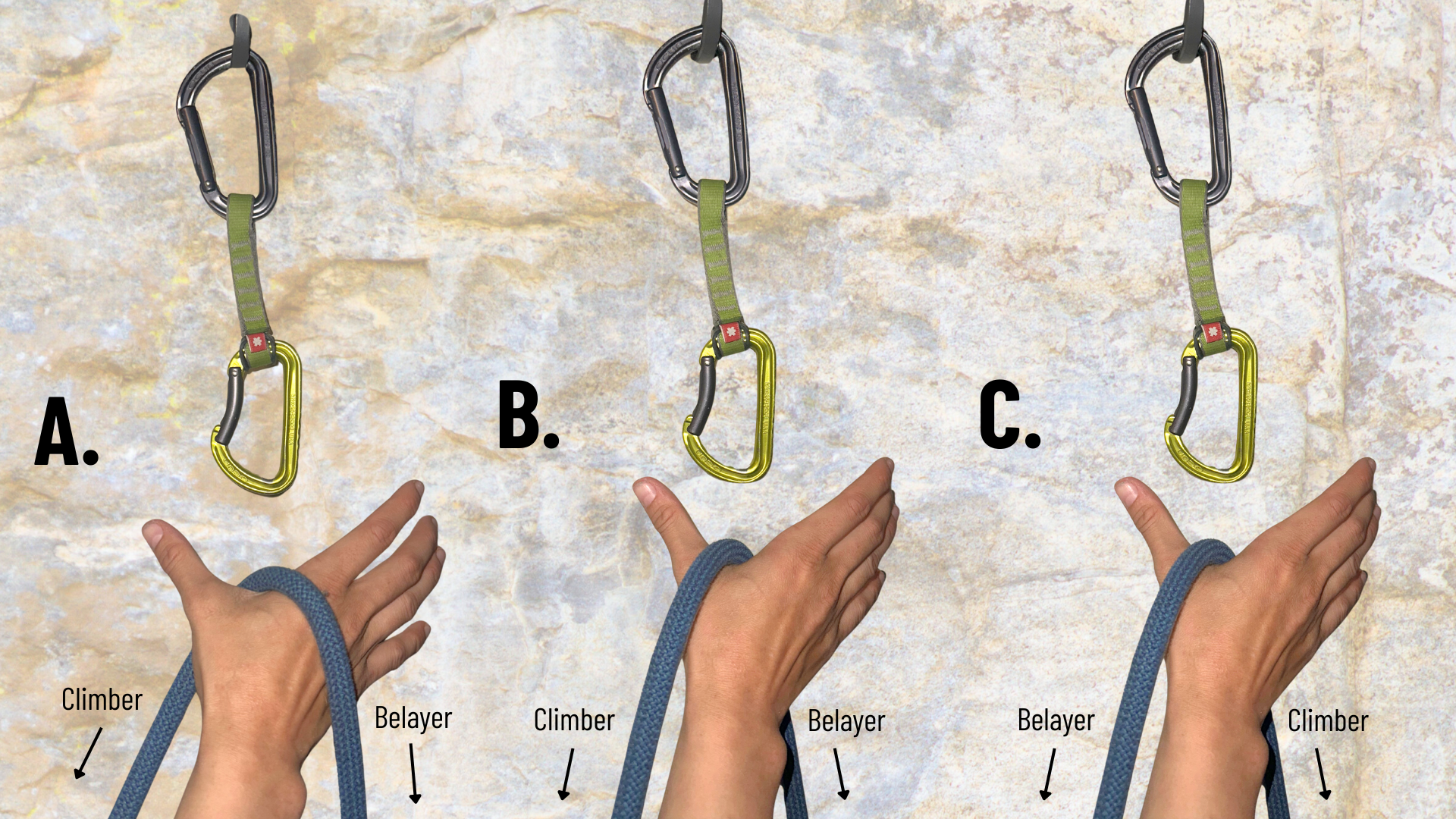 The image shows three slightly different examples of a right hand reaching up for a left-facing quickdraw.