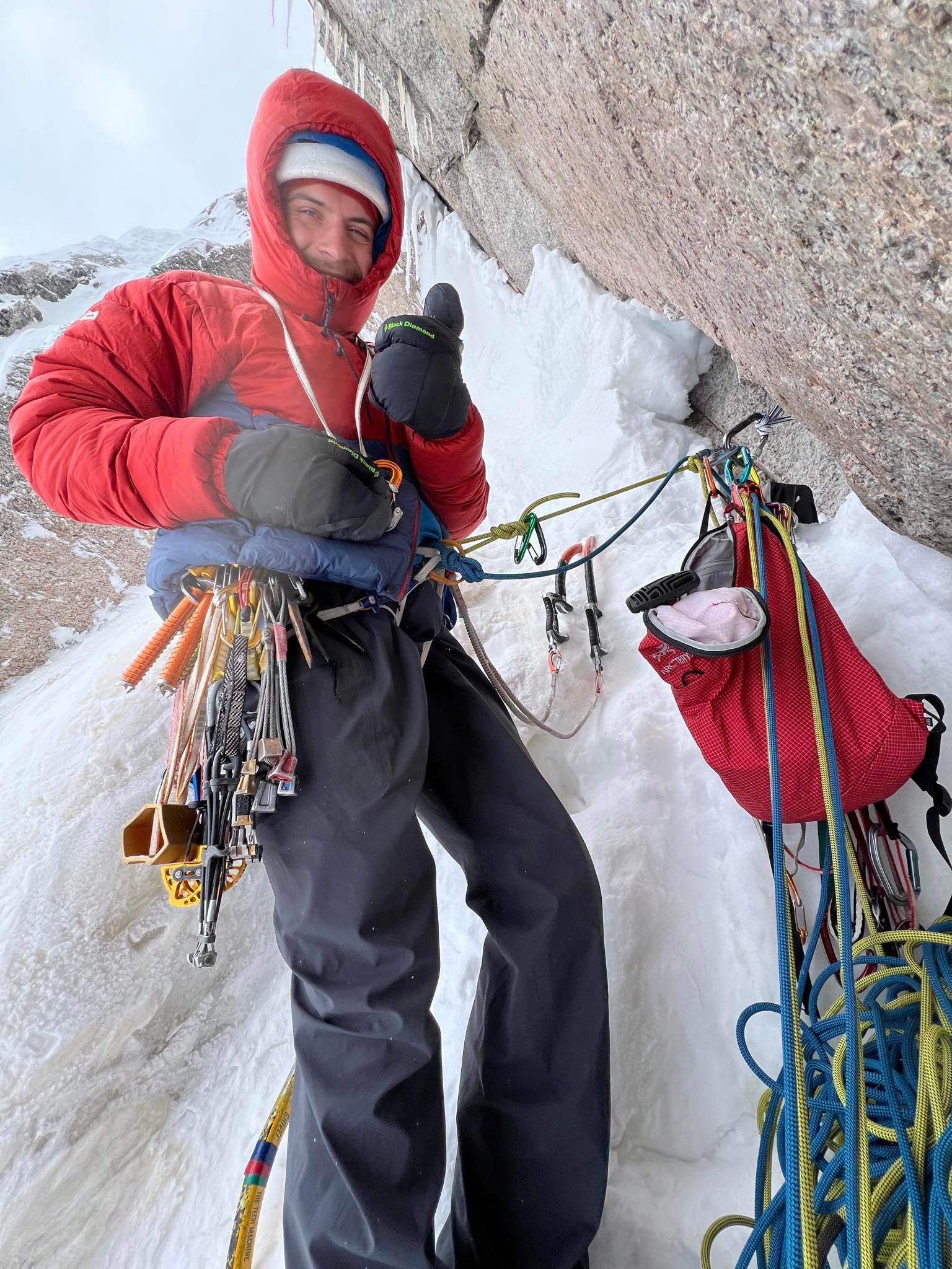 The author gets psyched for another snowy, runout lead on The Big Hose, Bugaboos.