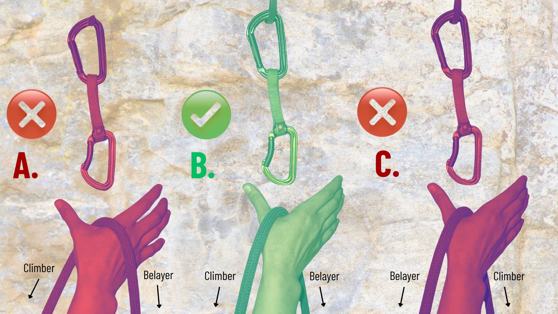 A graphic shows three nearly identical right hands reaching up with a bit of rope to clip a left-facing quickdraw. Figures A and C are colored in red with a bright X, and the middle figure, B, is colored green with a check mark.