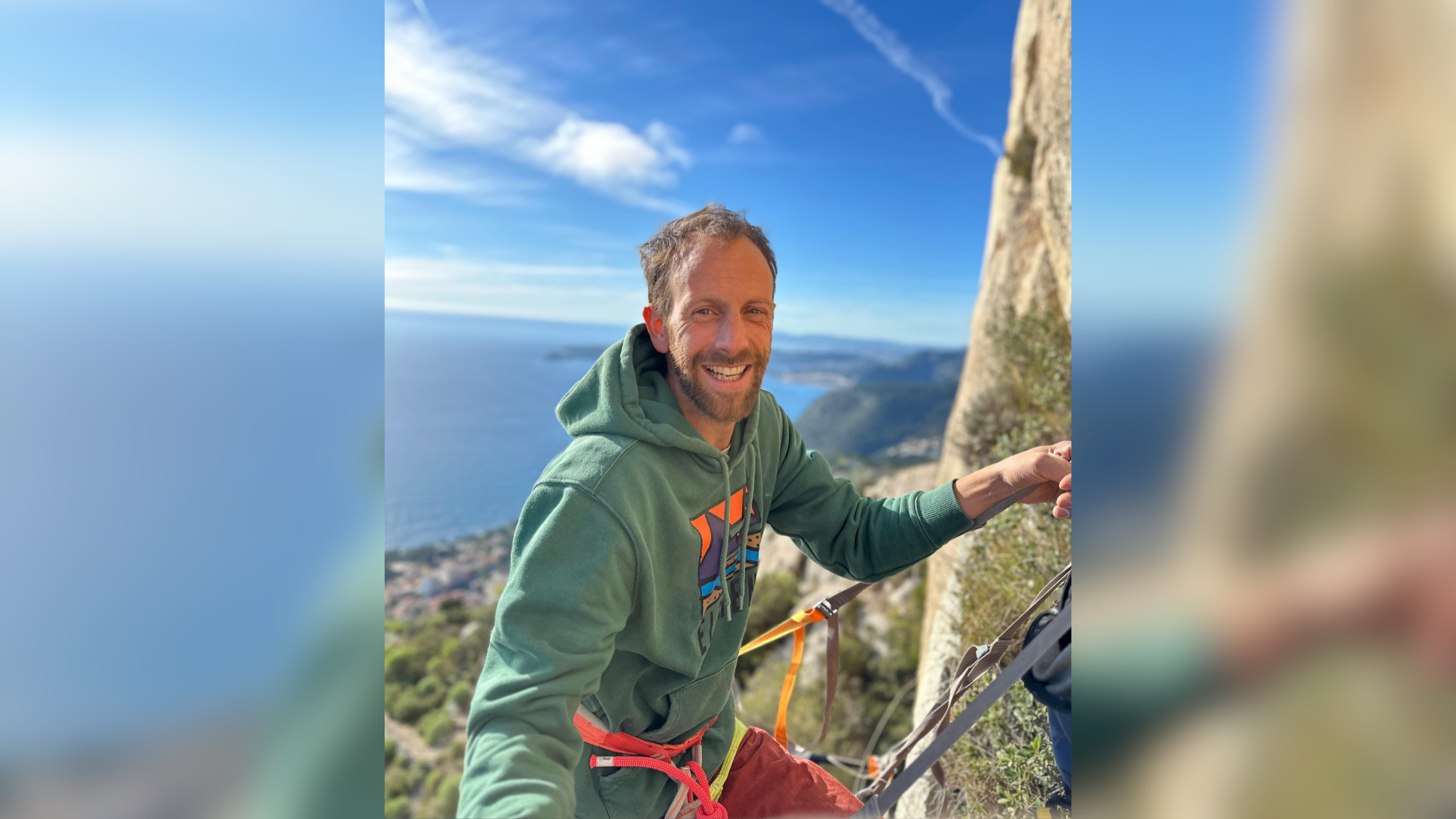 Climber Benjamin Guigonnet, seen here climbing on a sunny day in a sweatshirt, died on September 18, 2025