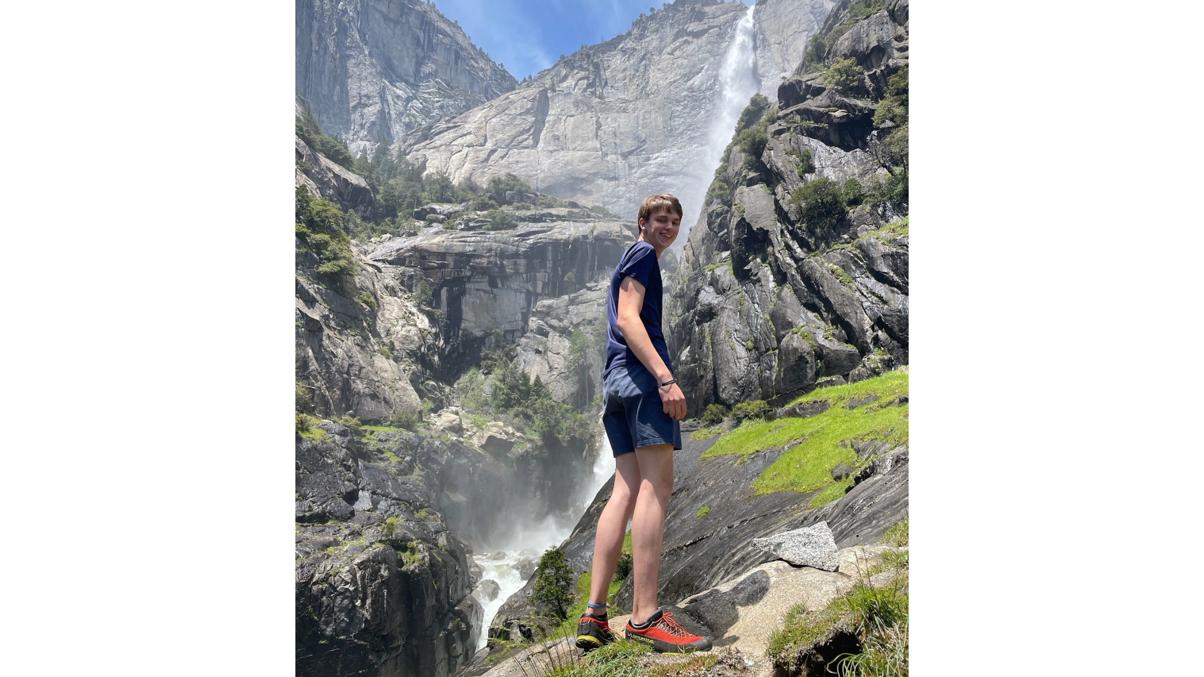 climber Grant Cline, shown here standing in front of large waterfall looking back, died on June 6, 2025
