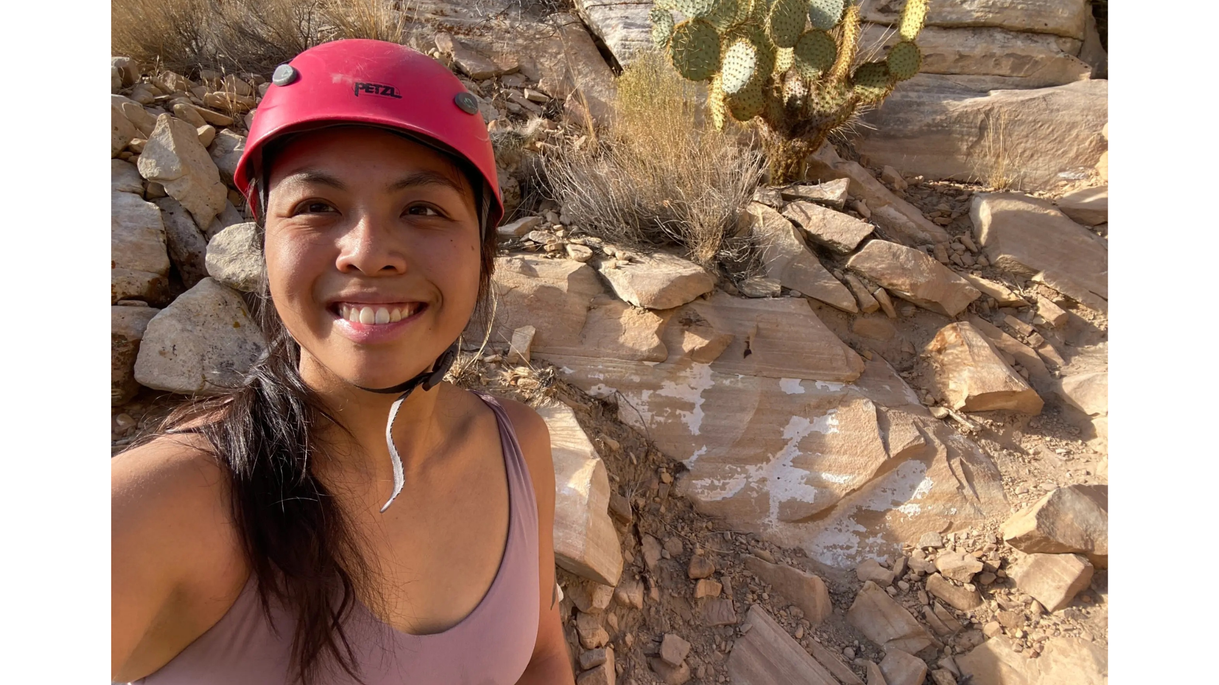 selfie of climber Micah Manalese, with red helmet on, who died January 18, 2025