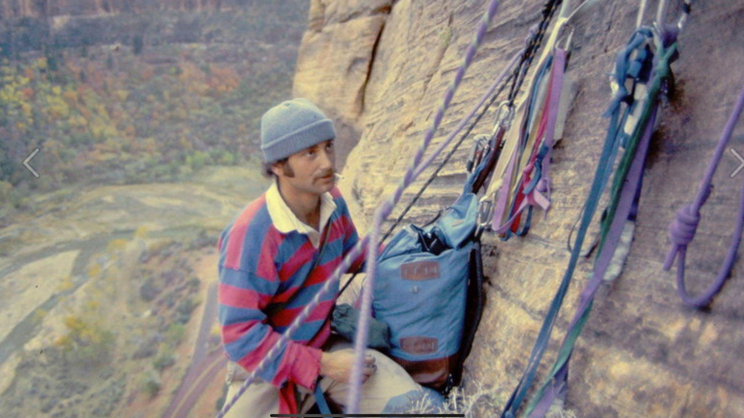 Climber Ron Olevsky, seen here in an old photo climbing while smoking a cigarette, died on July 23, 2025