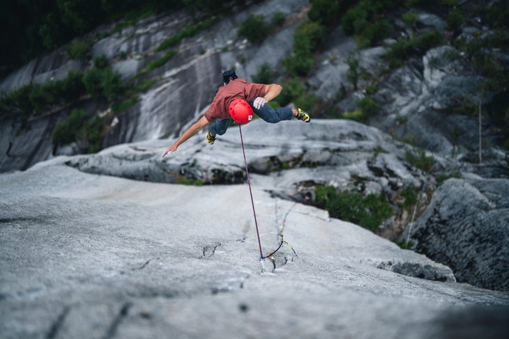 Connor Herson falls from the crux of a crack in Squamish.