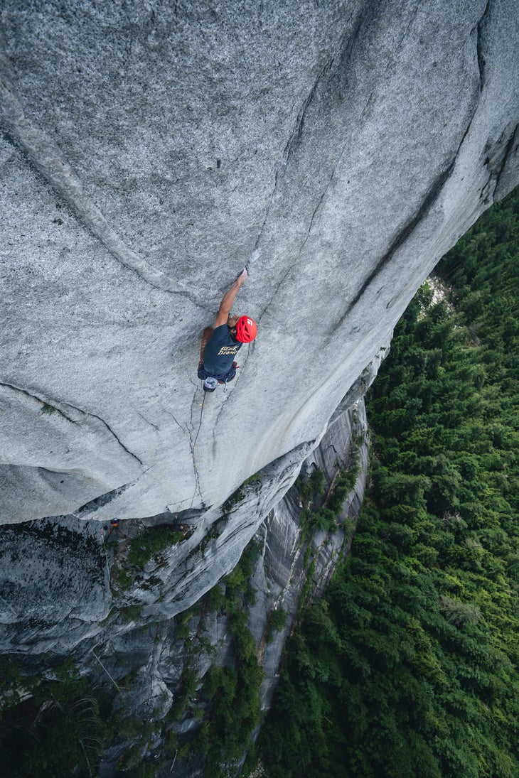 Connor Herson jams an overhanging crack climb in Squamish.