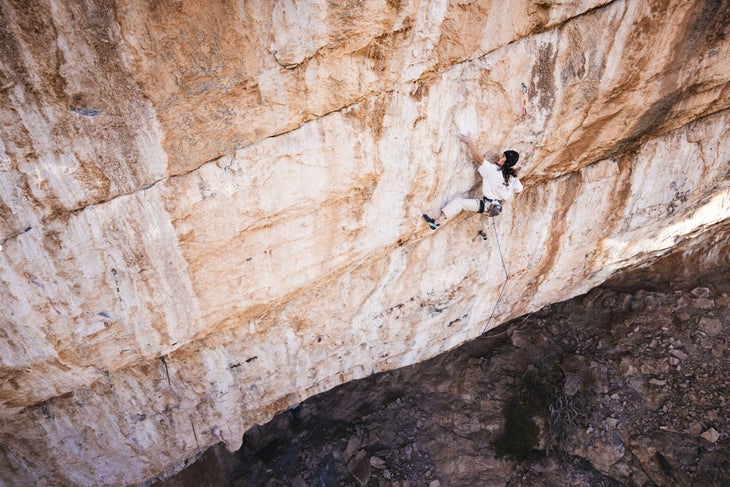 Sean Bailey makes the first ascent of 'Duality of Man' (5.15d) in Dry Canyon, Arizona.