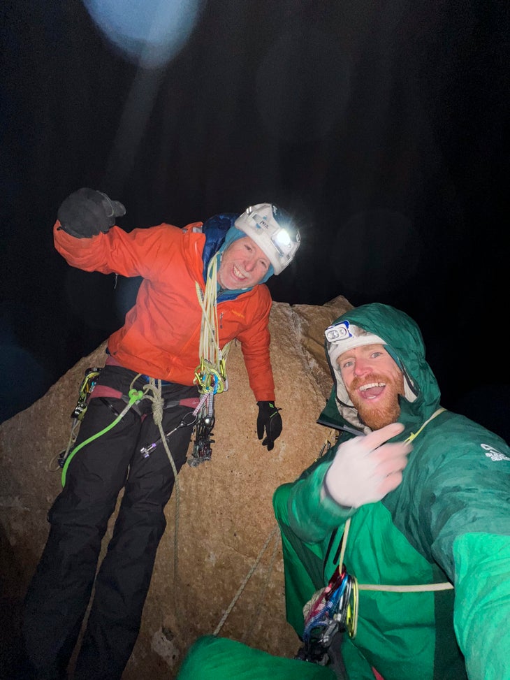 Tommy Caldwell and Siebe Vanhee stand on the summit of the Central Tower after making the first one day ascent.