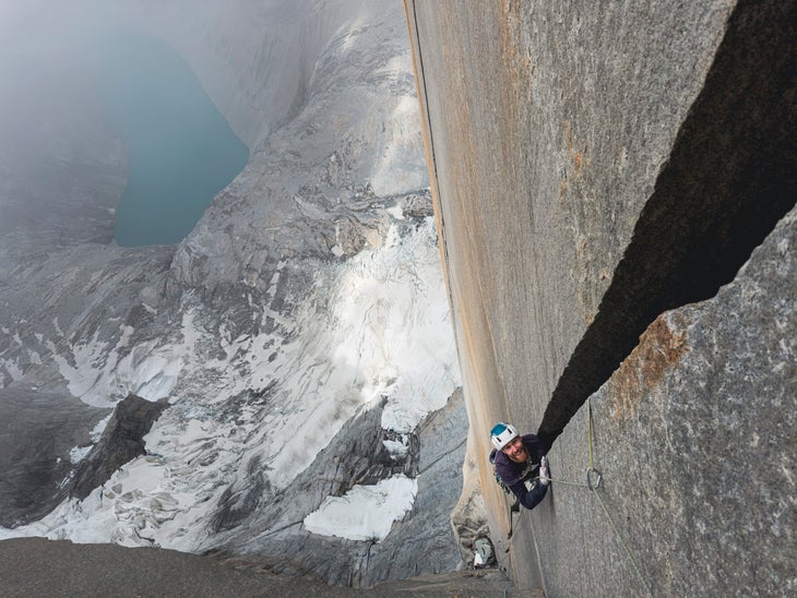 Siebe Vanhee follows the 5.11+ offwidth during the pair's previous attempt.
