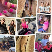 A 12-photo collage shows women climbing in Vedauwoo, Wyoming, often dressed in pink