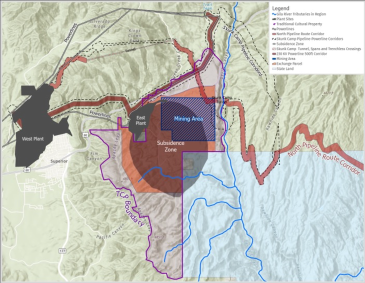 A two-dimensional map of Oak Flat with differently-colored shaded areas