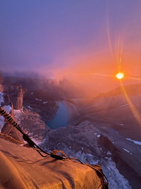 Sunset during a 40-day ascent of wall in Patagonia.