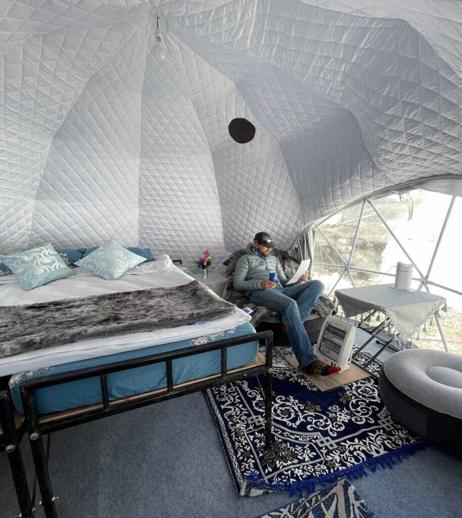 inside a dome tent at Everest basecamp