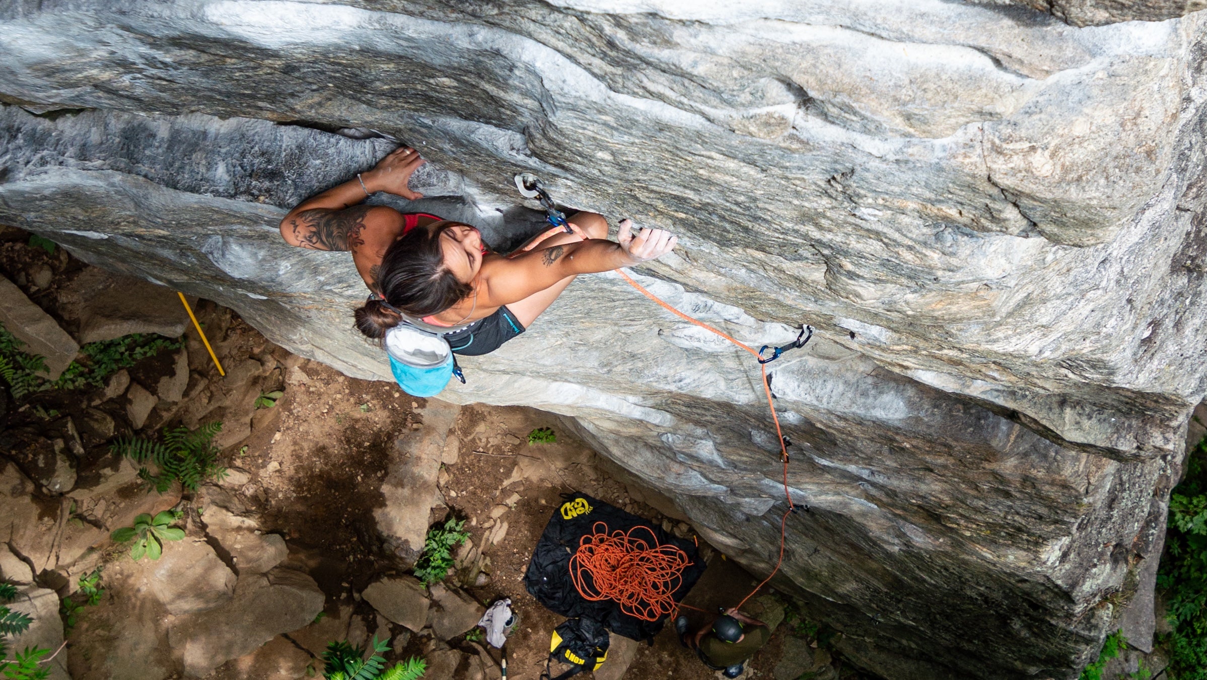 Climber on Airblast at Farley Ledges, Massachusetts — now closed