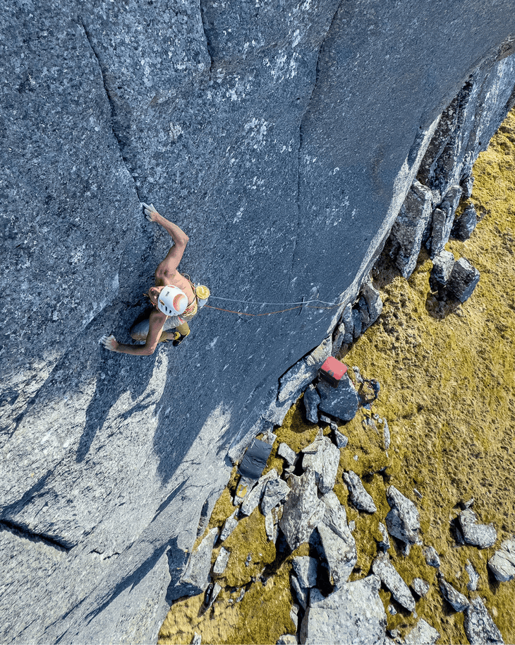 Franco Cookson climbs his new E12 on a sunny day in Scotland.
