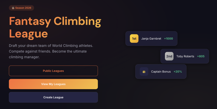 screenshot of fantasy climbing league website