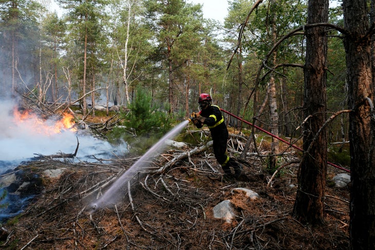 A firefighter operates during a fire in the Fontainebleau Forest on July 14, 2026.