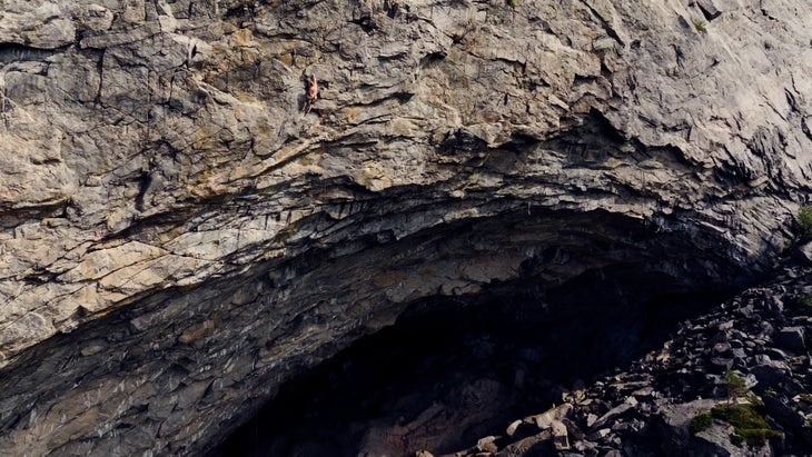 Leo Bøe emerges from the Hanshelleran cave--with 40-meters of 5.10d still to come.