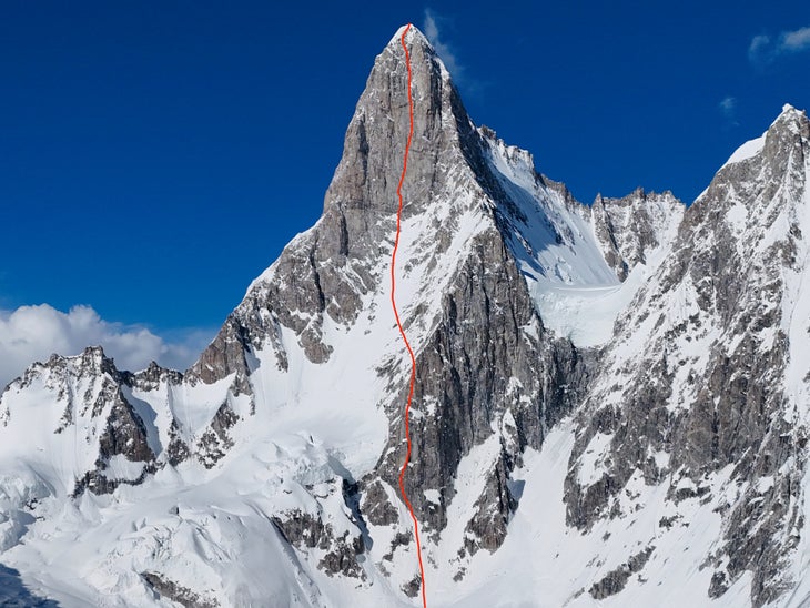 The line of The Leopard of Higher Ground (5.12b; 5,000ft) on the sheer west face of Tahu Rutum.