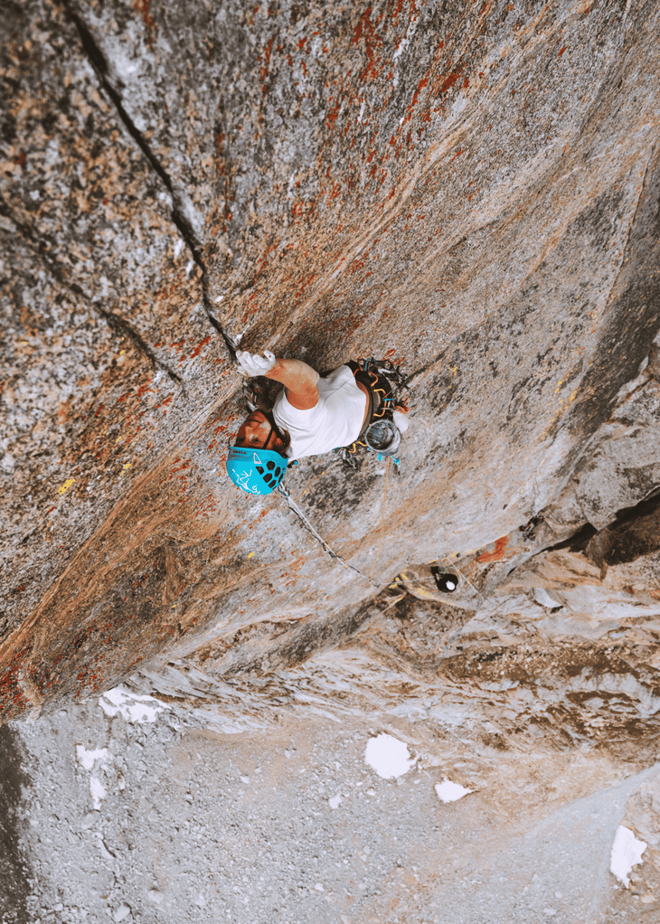 Amity Martin climbs a finger crack on a big wall.