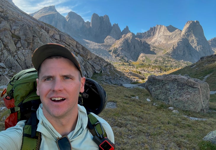 A climber takes a selfie in the Wind River Range.