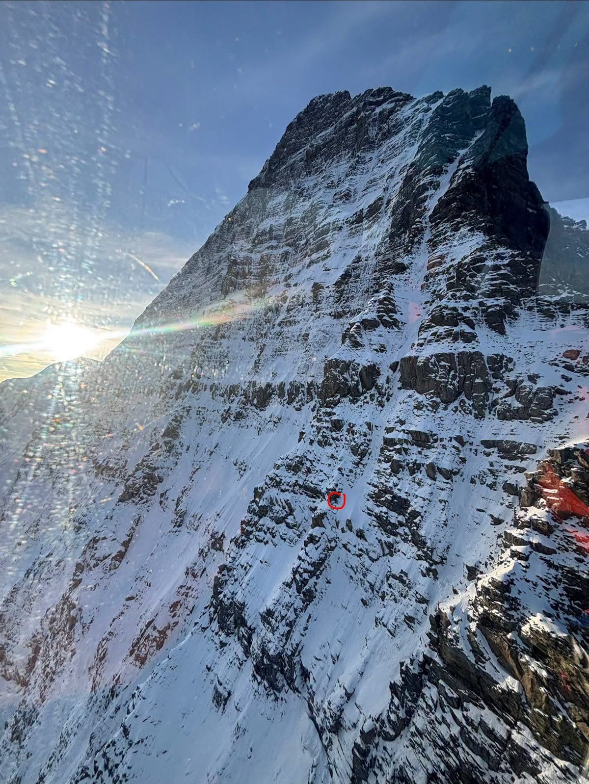 red circle identifying where two climbers spent the night on mount robson