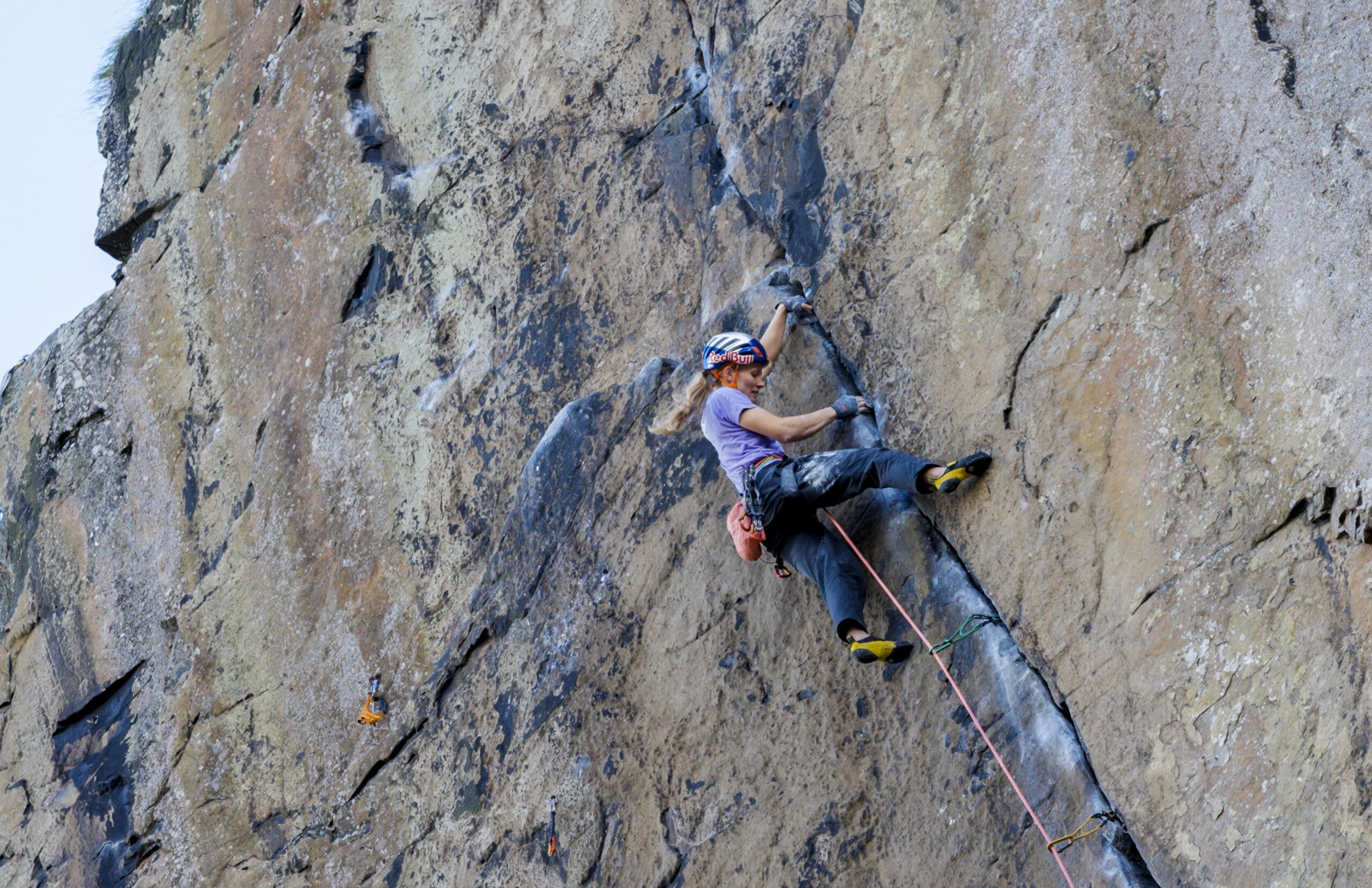 Lara Neumeier climbs on the route Rhapsody (E11) at Dumbarton Rock, Scotland, on October 7, 2026.