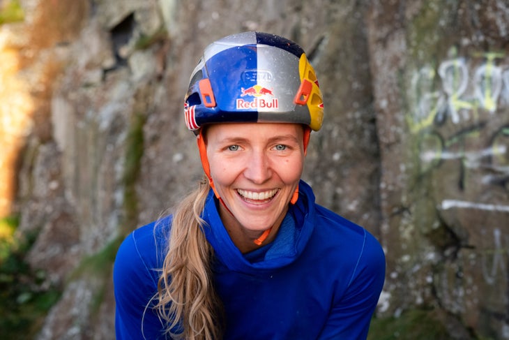 Lara Neumeier poses for a portrait at the route Rhapsody (E11) at Dumbarton Rock, Scotland on October 11, 2026.