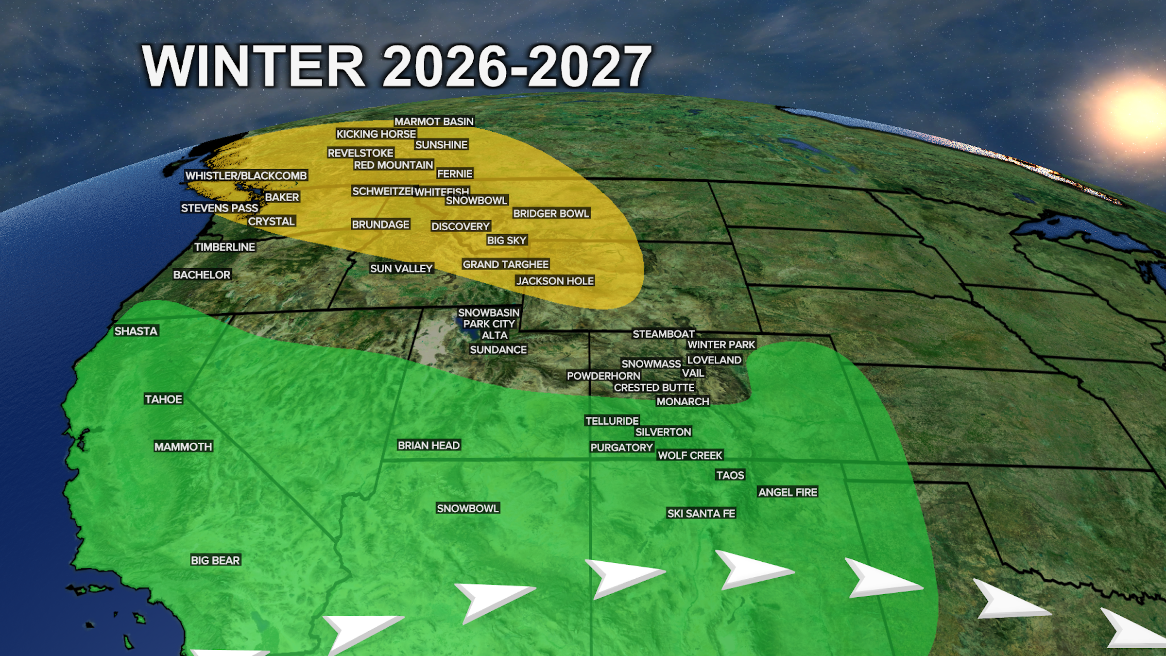 A map showing areas expected to receive above-average precipitation this winter (in green), versus areas that will receive below-average precipitation (yellow).
