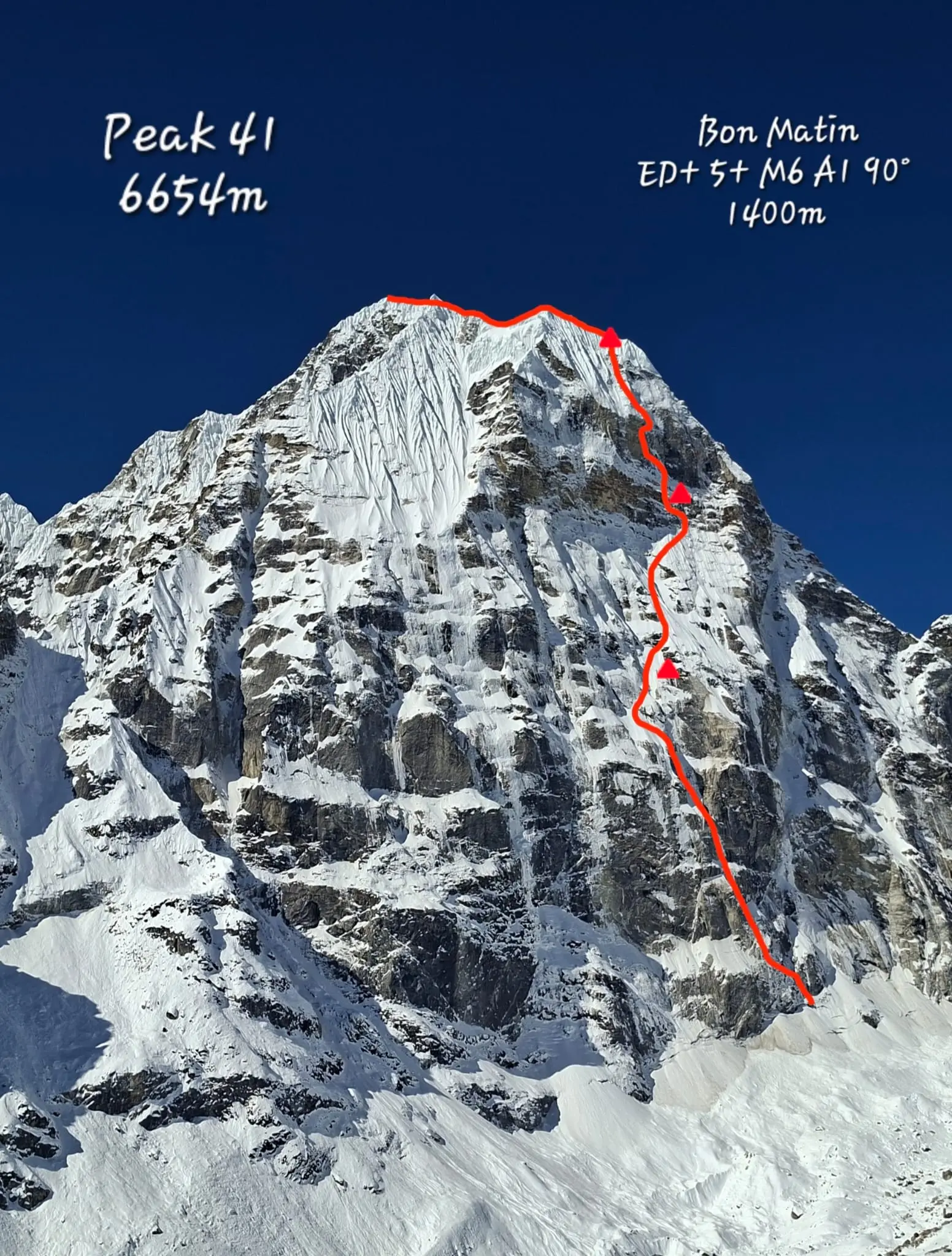 a climbing topo for a first ascent in nepal, climbed by three french soldiers